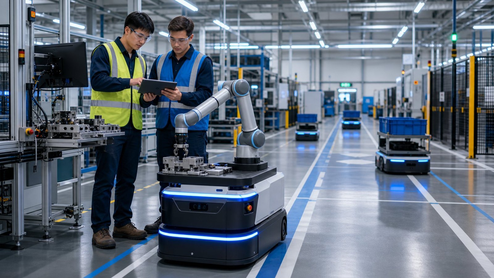 Factory robotics deployment team commissioning AMR and robot arm automation