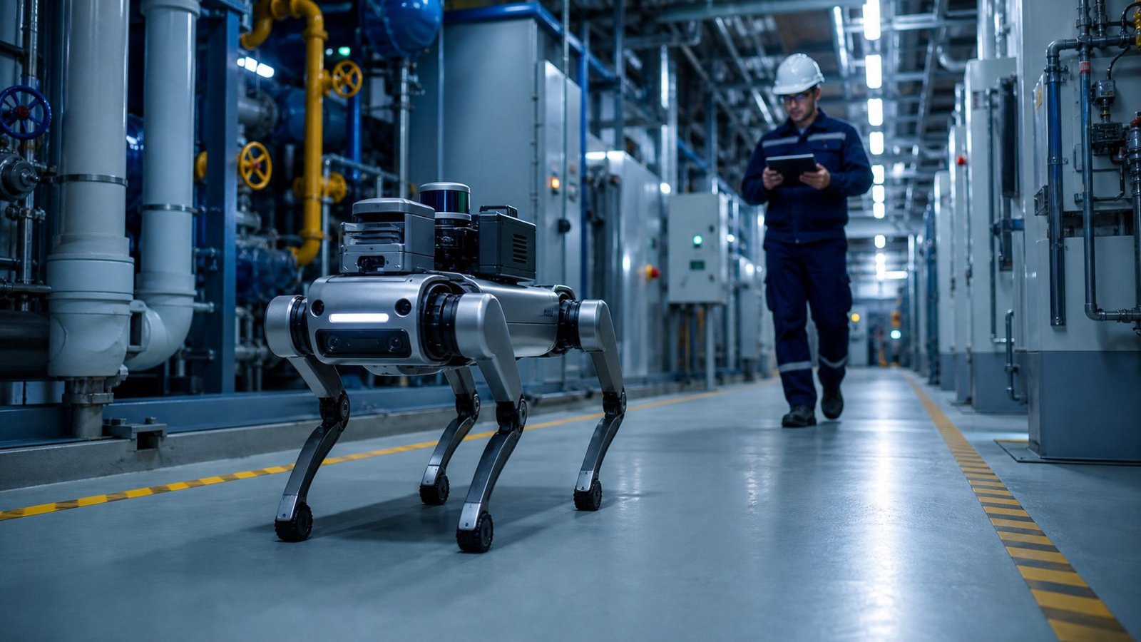 Quadruped inspection robot in an industrial facility