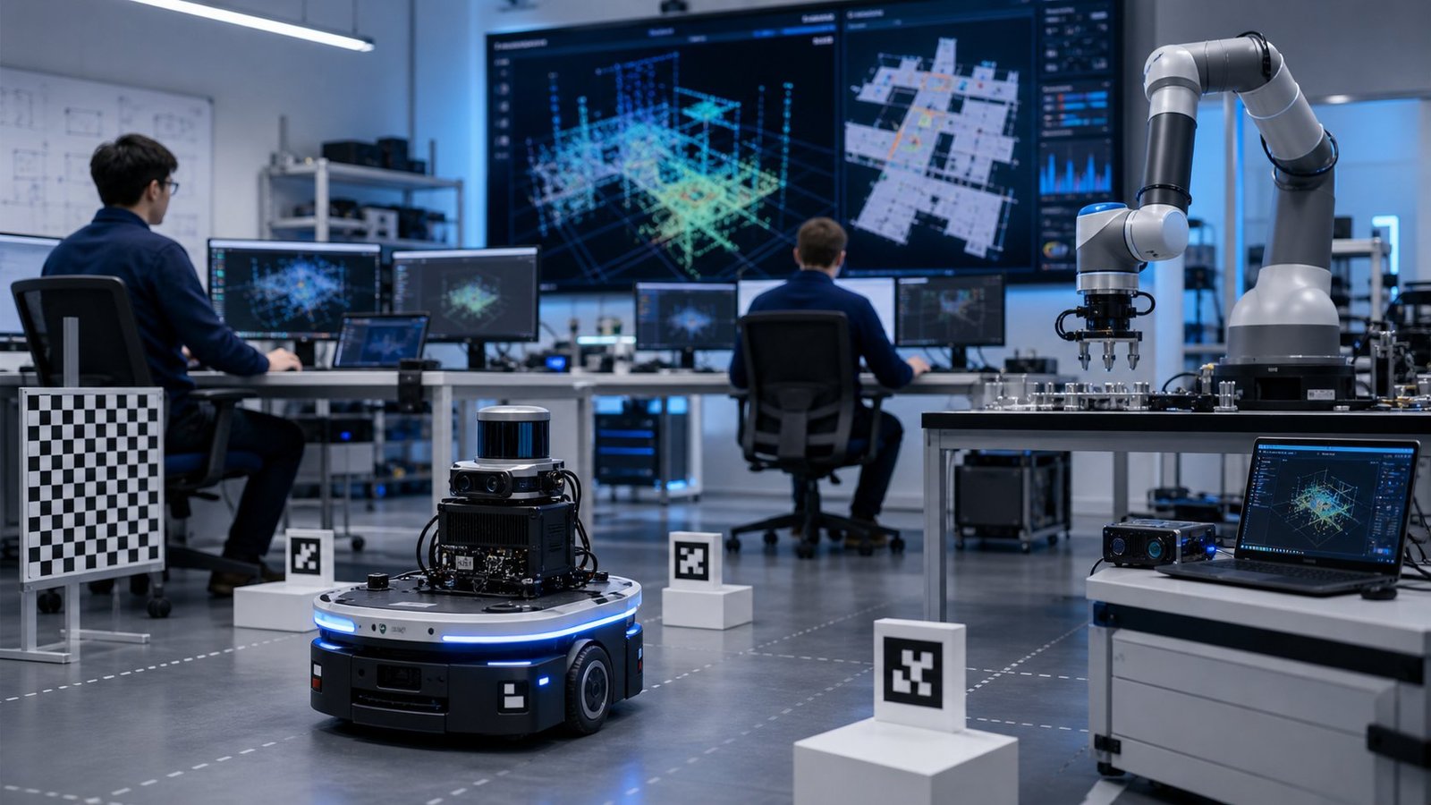 ROS2 robotics research lab with mobile robot and robot arm