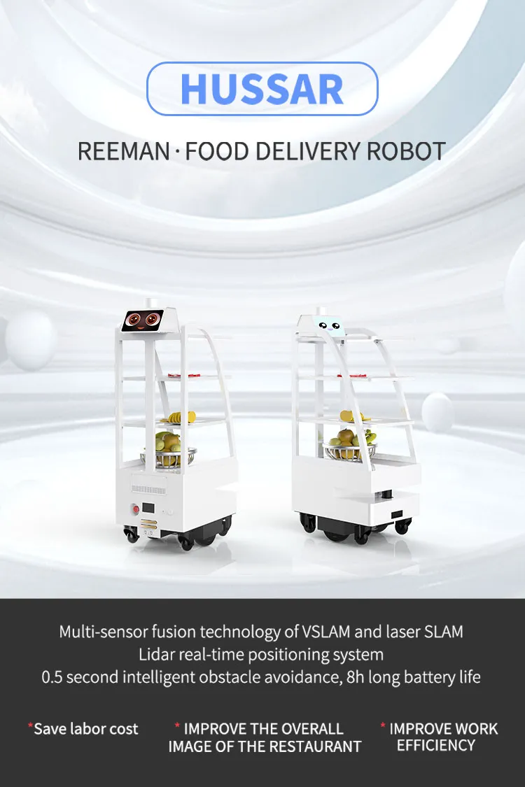 New Product Food Delivery Cart Reeman 4 Layers Plate 60kg Load Dish Delivery Cart Robot for Hotel/Restaurant/Hospital